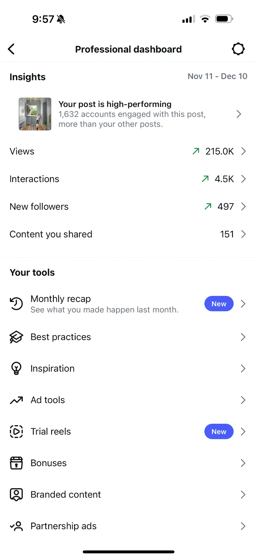 Instagram professional dashboard: 215K views, 4.5K interactions, 497 new followers